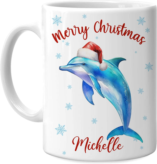 Hyturtle Personalized Gifts Dolphin Lover - Merry Christmas Customized Name Ceramic Coffee Mug Cup 11oz - Cute Sea Animal Lovers Gifts For Women, Girl kids Family On Birthday, Christmas