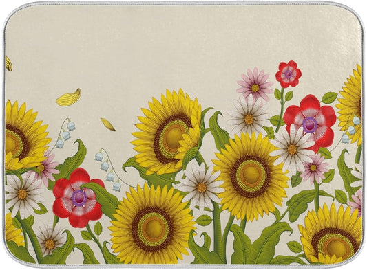 Dish Drying Mat for Kitchen Counter 16 x 18 Inch Decorative Flowers Sunflowers Super Absorbent Microfiber Dish Drainer Rack Mats Soft Heat Resistant Drying Protector Pad