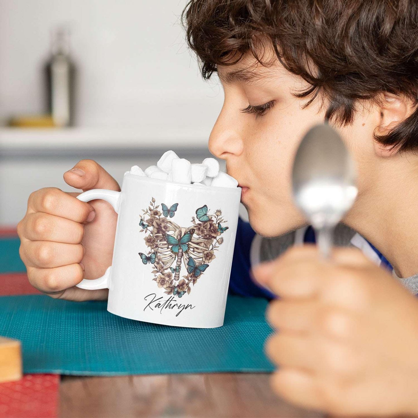 Customized Colorful Butterflies And Human Skeleton Travel Mugs, Personalized Name On Great Butterfly Cup Gifts For Child, Custom Heartwarming Animal Tea Cup For Animal Lovers