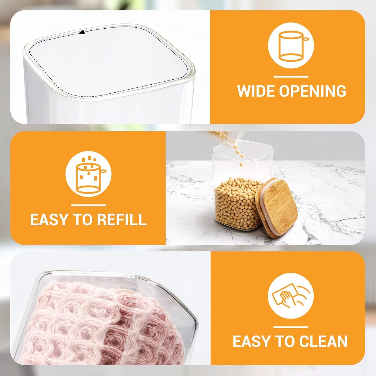 Glass Canisters with Lids, 2 Pack 37 Fl.oz Square Glass Jars with Bamboo Lids, Flour Sugar Containers for Kitchen Pantry Storage, Tea, Coffee Bean, Pasta - Set Includes Label, Marker and Spoon