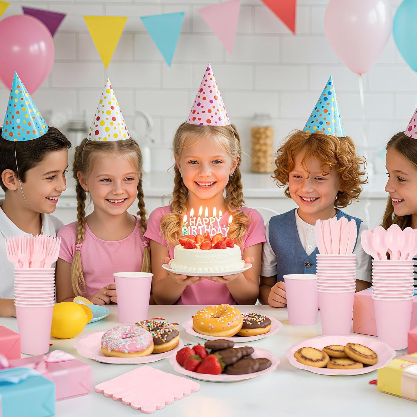 175 Pcs Pink Plates and Napkins Set, 25 Guest Pink Party Supplies Include Scalloped Plate Napkin Cup Forks Knives Disposable Plastic Cutlery for Wedding Baby Shower Birthday Party