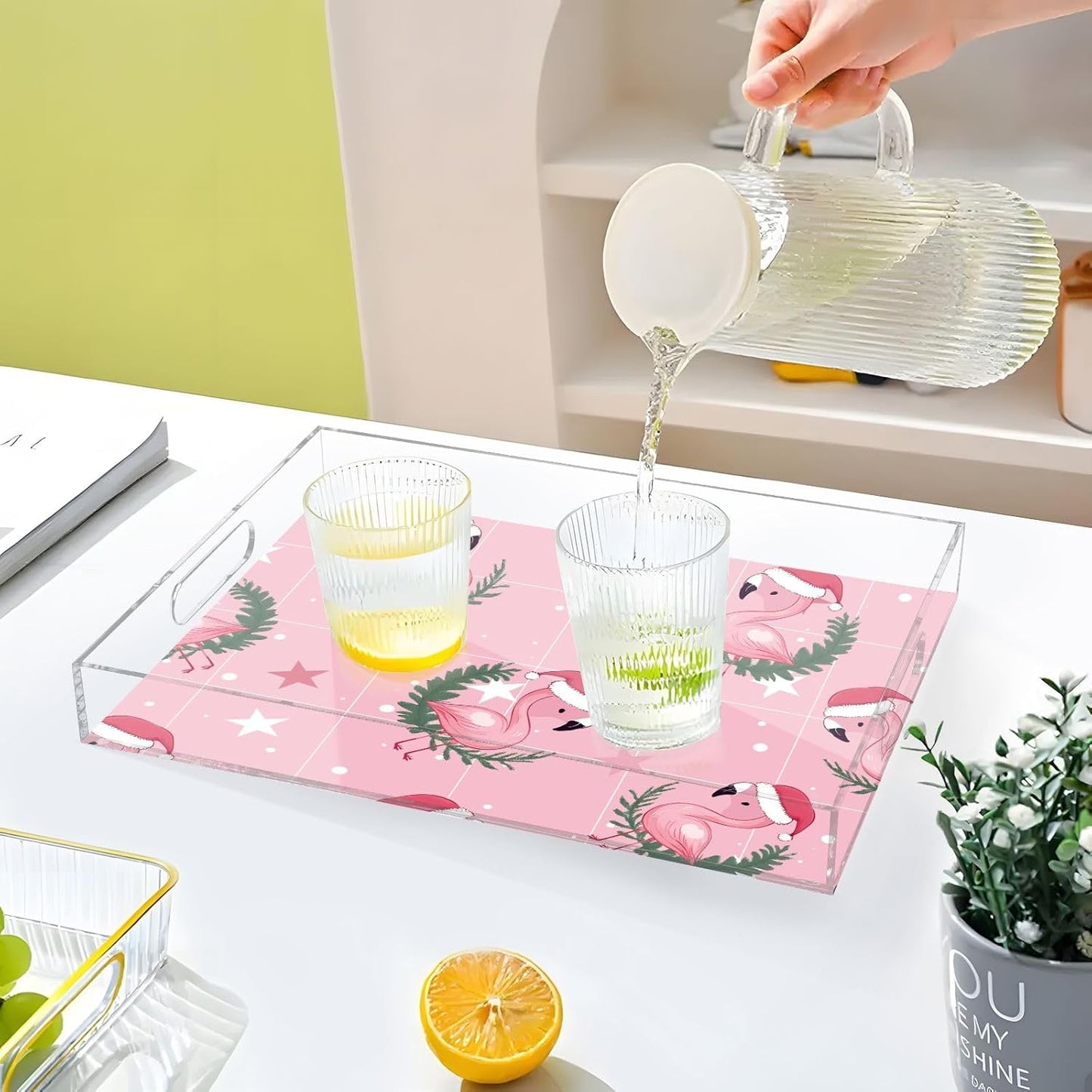Christmas Flamingo Pink Plastic Food Serving Tray Decorative Vanity Trays for Bathroom Coffee Table Kitchen Counter 11.8 * 15.7in