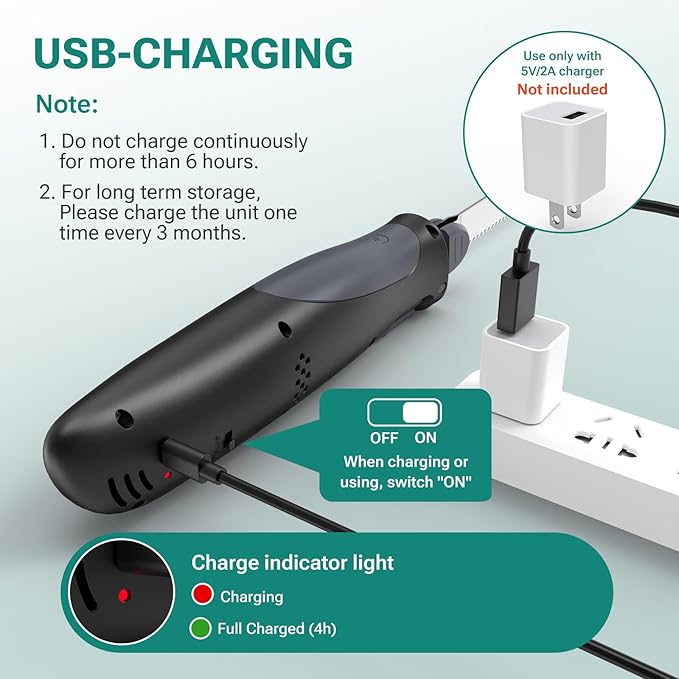 VLOXO Cordless Electric Knife, Rechargeable Electric Carving Knife with 2 Ti-Nitride S.S. Coated Non-Stick Blades Non-Slip Handle Safety Lock Electric Knives for Meat Slicing Fish Fillet Bread Turkey