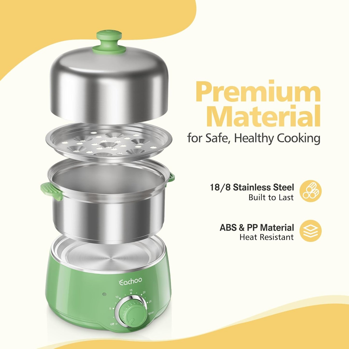 Hard Boiled Egg Cooker - CACHOO 14-Egg Rapid Stainless Steel Egg Boiler with 30-Min Timer & Auto Shut Off, Compact Electric Vegetable Steamer for Cooking, Dishwasher Safe, Retro Green