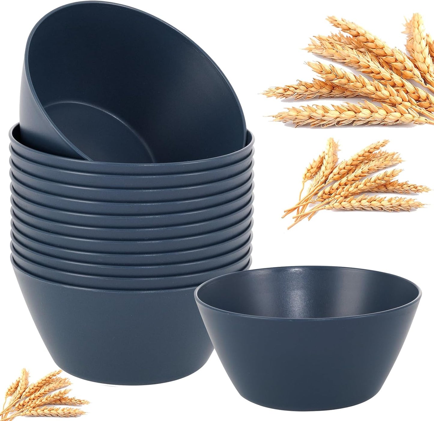 Supernal 12PCS Blue Wheat Straw Bowls - Durable Reusable Soup & Cereal Bowls, Hard Plastic Dinnerware with Smooth Edges,Disposable Plastic Bowls for Catering,Hot Food,Salad (Lightweight & Unbreakable)