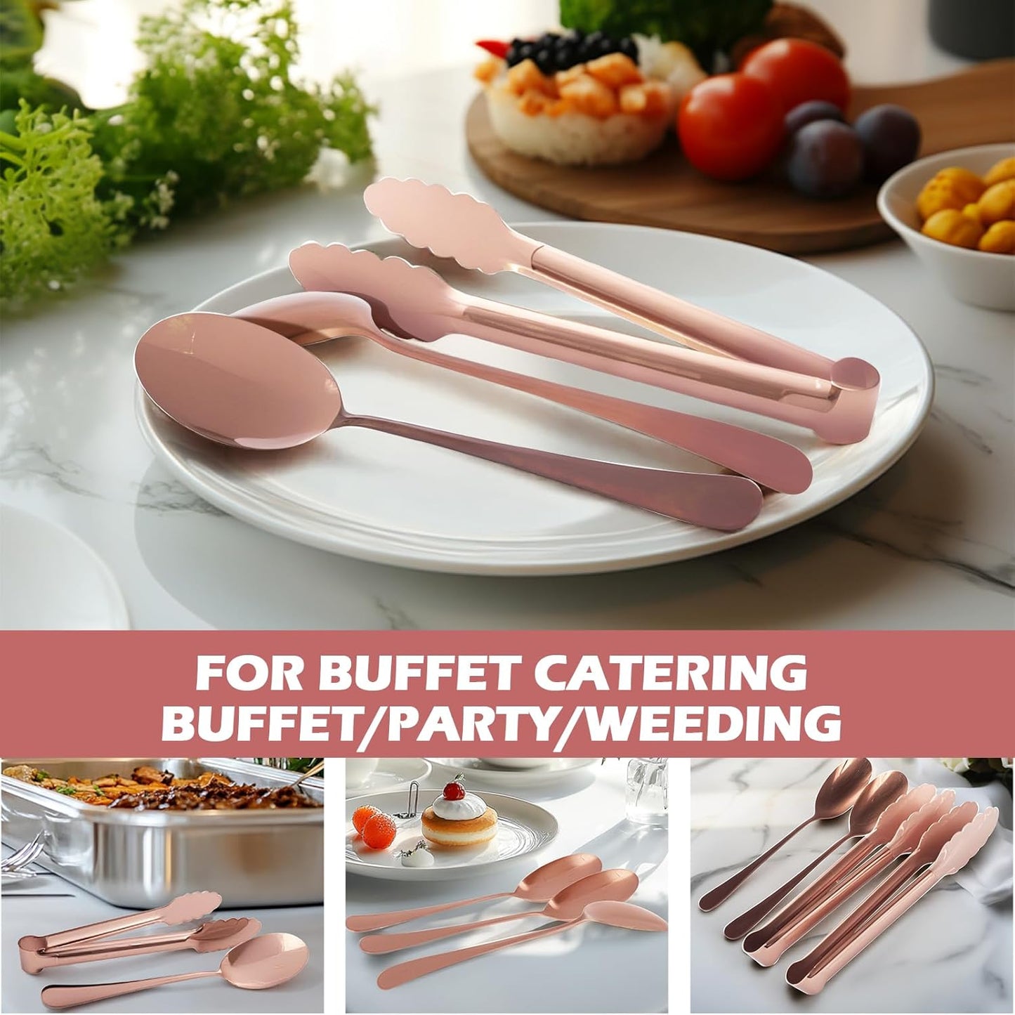 12PCS Stainless Steel Serving Utensils Sets with 8 Large Serving Spoons,4 Serving Tongs,Rose Gold Serving Utensills Sets for Buffet Catering Banquet Party (Rose Gold)