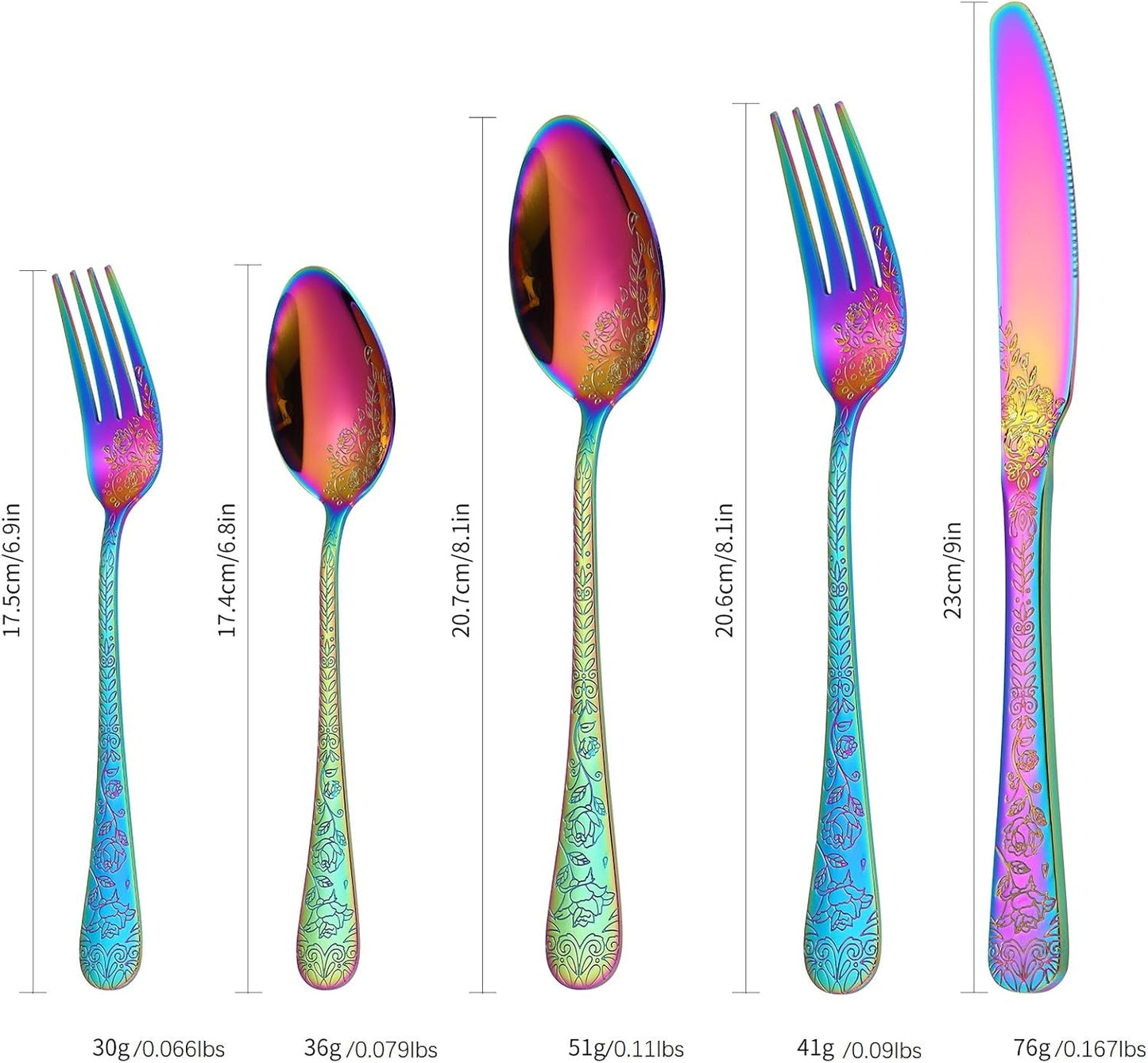 Embossed Flatware Set Rainbow 30 Piece Stainless Steel Silverware for 6 Cutlery with Floral Design Eating Utensils for Weddings Parties Festival and Restaurants Kitchen Daily Use