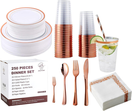 250 Count Rose Gold Disposable Plastic Dinnerware Set, 50 Rose Gold Plastic Plates, 25 Silverware, 25 Cups and Straws, 50 Napkins, Perfect for Wedding Party