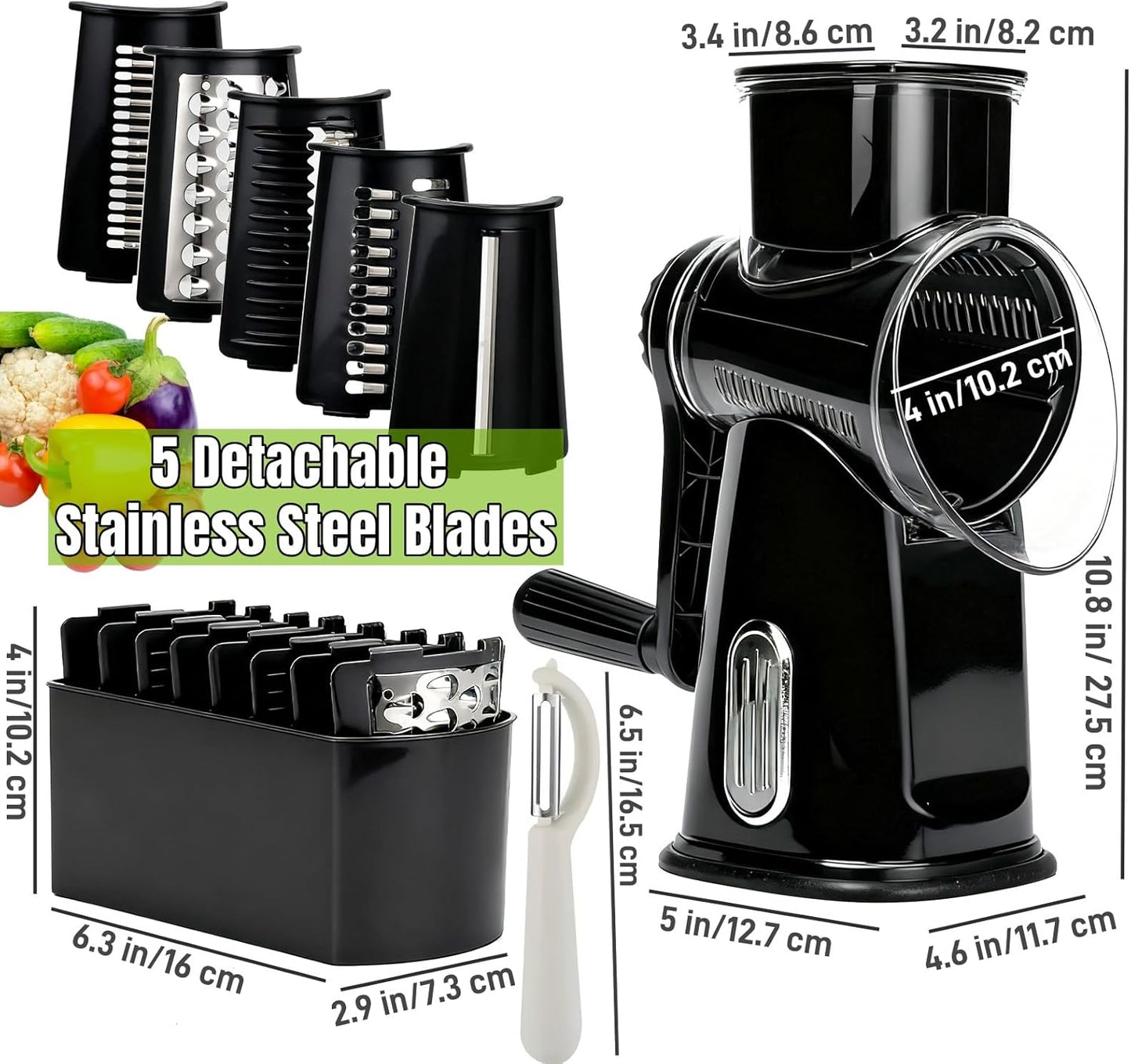 Rotary Cheese Grater with Handle, Manual Vegetable Slicer Grater with 5 Detachable Stainless Steel Blades, Round Grater Slicer Hand Crank Food Chopper for Kitchen with Blade Storage Box