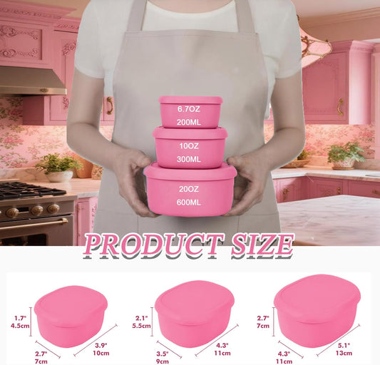 Reusable Nesting Silicone Food Storage Containers, Set of 3 Lunch Box Bento with Lids, Airtight Snack Container, BPA Free, Dishwasher Microwave Oven Freezer Safe (6.7oz, 10oz, 20oz) (Pink)