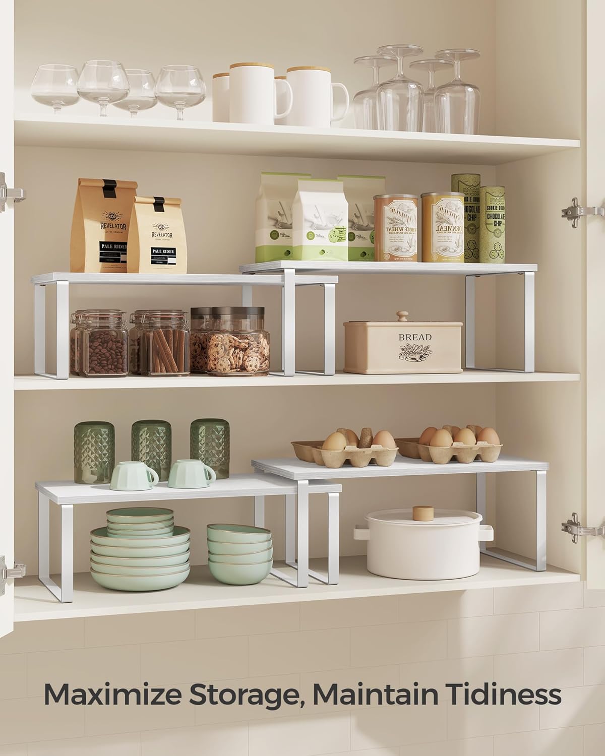 SONGMICS Cabinet Organizer Shelf, Set of 4 Kitchen Counter Shelves, Kitchen Storage, Spice Rack, Stackable, Expandable, Metal and Engineered Wood, Cloud White and Snow White UKCS028W01