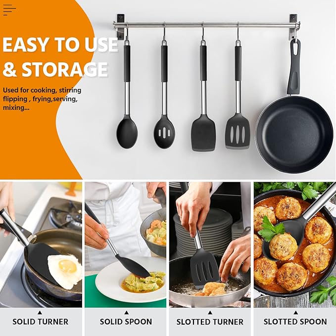 E-far Cooking Utensils Set of 4, Silicone Kitchen Utensils for Non-stick Cookware, Heat Resistant & Non-toxic Slotted Spatula Solid Spoon Turner for Flipping Mixing Serving Basting(Black)