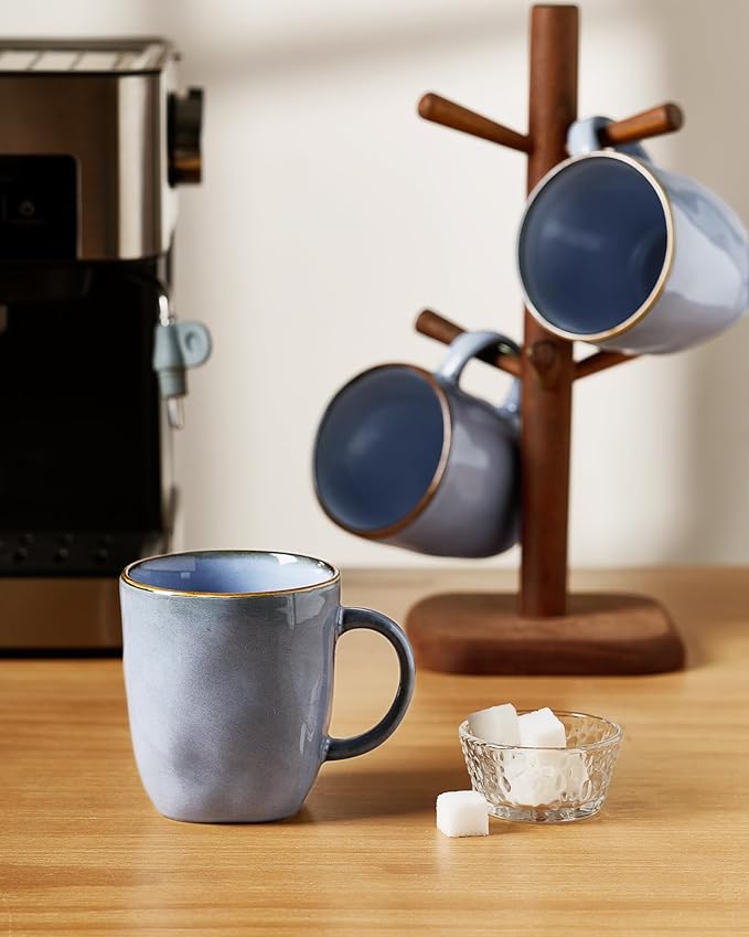 famiware Coffee Mugs Set of 4, Ocean Square 13oz Coffee Cup Set with Handle for Cocoa, Milk, Hot Chocolate, Tea, Water, Stoneware Cups for Kitchen, Microwave and Dishwasher Safe, Blue