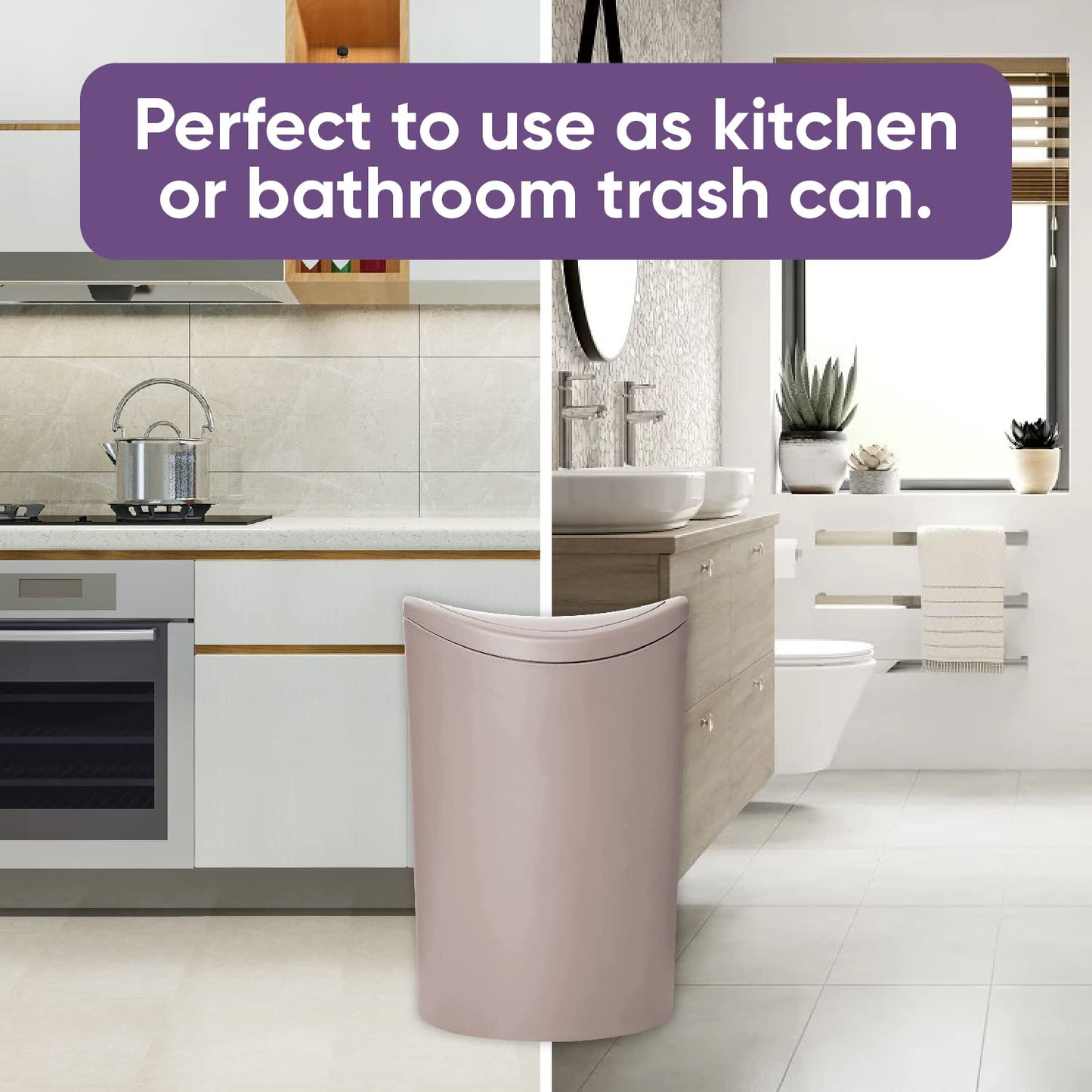 Superio Small Bathroom Trash Can with Lid, Modern Mini Waste Bin with Swing Lid (1 1/2 Gallon, 6 Liter) Plastic Garbage Can for Kitchen, Bathroom, Bedroom, Office, Under Desk (4, Taupe)