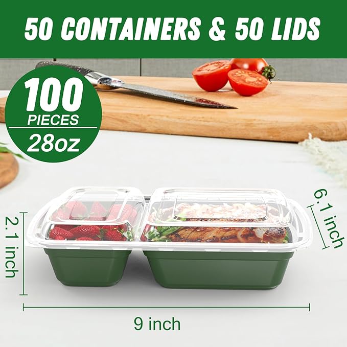 50 Pack (100-Piece) 28 oz Meal Prep Containers Reusable with Lids 2-Compartment, Sturdy Leakproof Food Safe, Microwave Freezer Dishwasher Safe, To Go Take Out Plastic Food Storage, Green