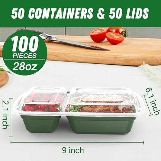 50 Pack (100-Piece) 28 oz Meal Prep Containers Reusable with Lids 2-Compartment, Sturdy Leakproof Food Safe, Microwave Freezer Dishwasher Safe, To Go Take Out Plastic Food Storage, Green