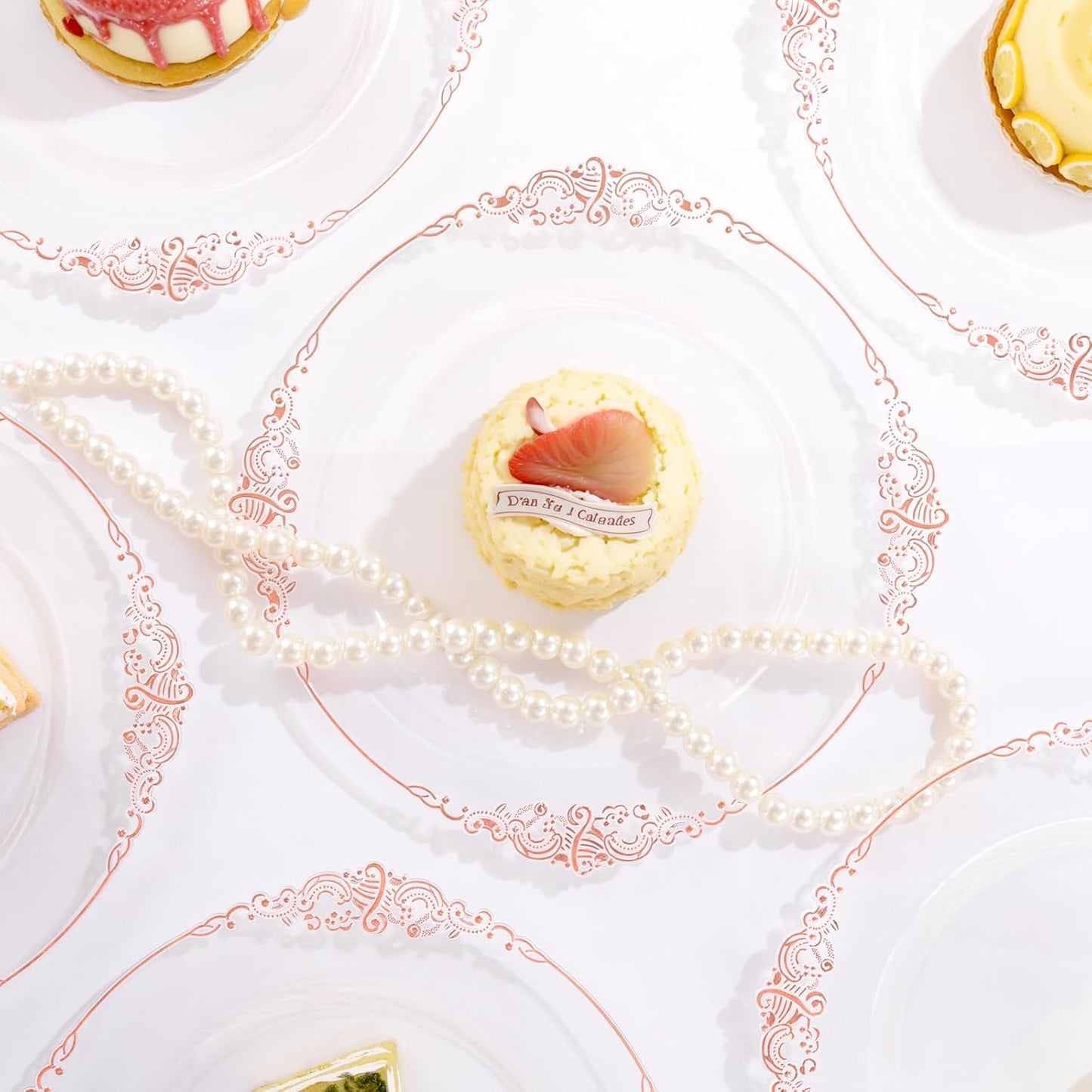 102PCS Rose Gold Plastic Plates - Clear Rose Gold Plate - Heavy Duty Disposable Plates - Fancy Disposable Dinner & Dessert Plate for 51 Guests for Party & Wedding