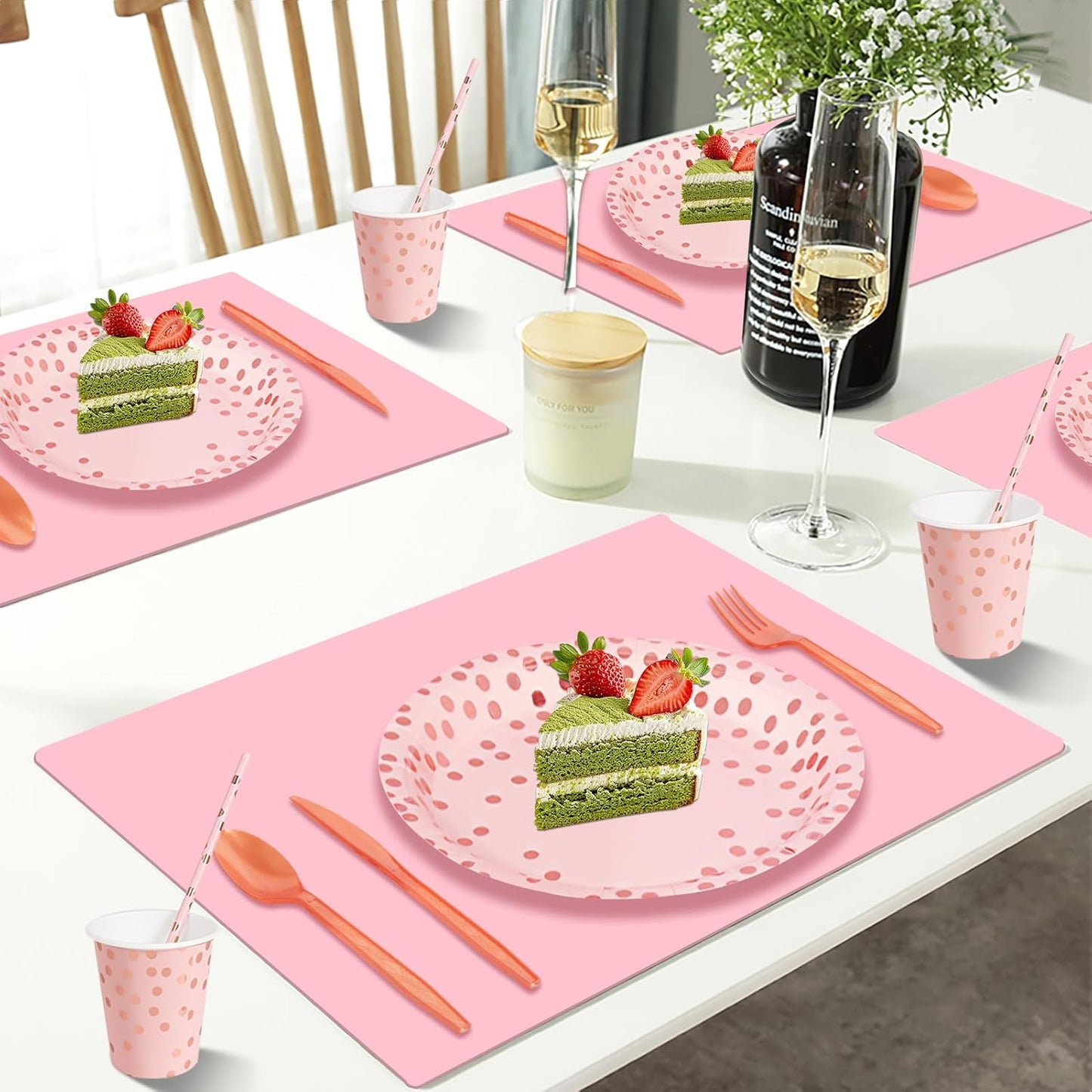 Paper Plates and Napkins Set, 193 Pieces Pink and Rose Gold Party Supplies Includes Paper Plates Cups Napkins Straws and Cutlery for Birthday Wedding Holidays Parties Decorations-24 Guests