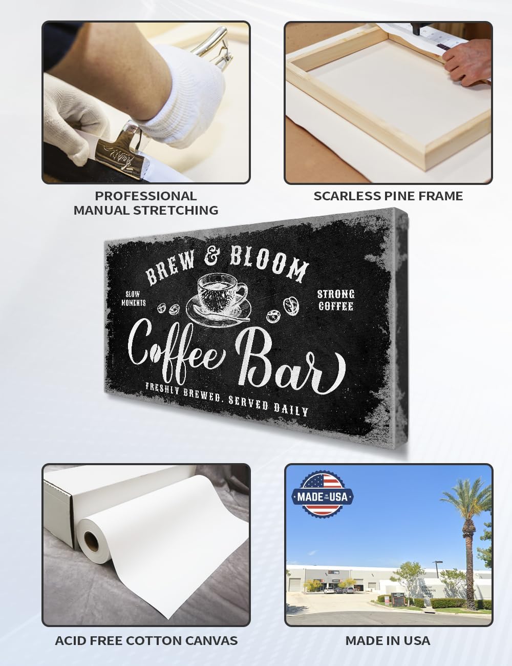 IPIC - Rustic Coffee Bar Sign Brew and Bloom, Canvas Print Wall Art for Coffee Station, Rustic Industrial Style Wall Decor for Home Kitchen and Cafe