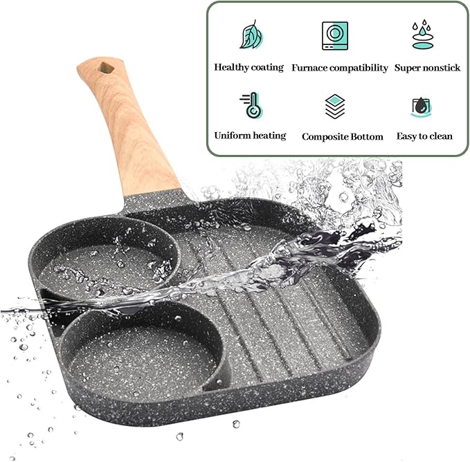 JUSTUP Nonstick Egg Frying Pan, Mini 3-in-1 Nonstick Pan Divided Grill Frying Pan, Heat Resistant Handle 3 Section Skillet Mini Pancake Pan, Cooking Pan for Breakfast, Egg, Bacon and Burgers, 7.3 in