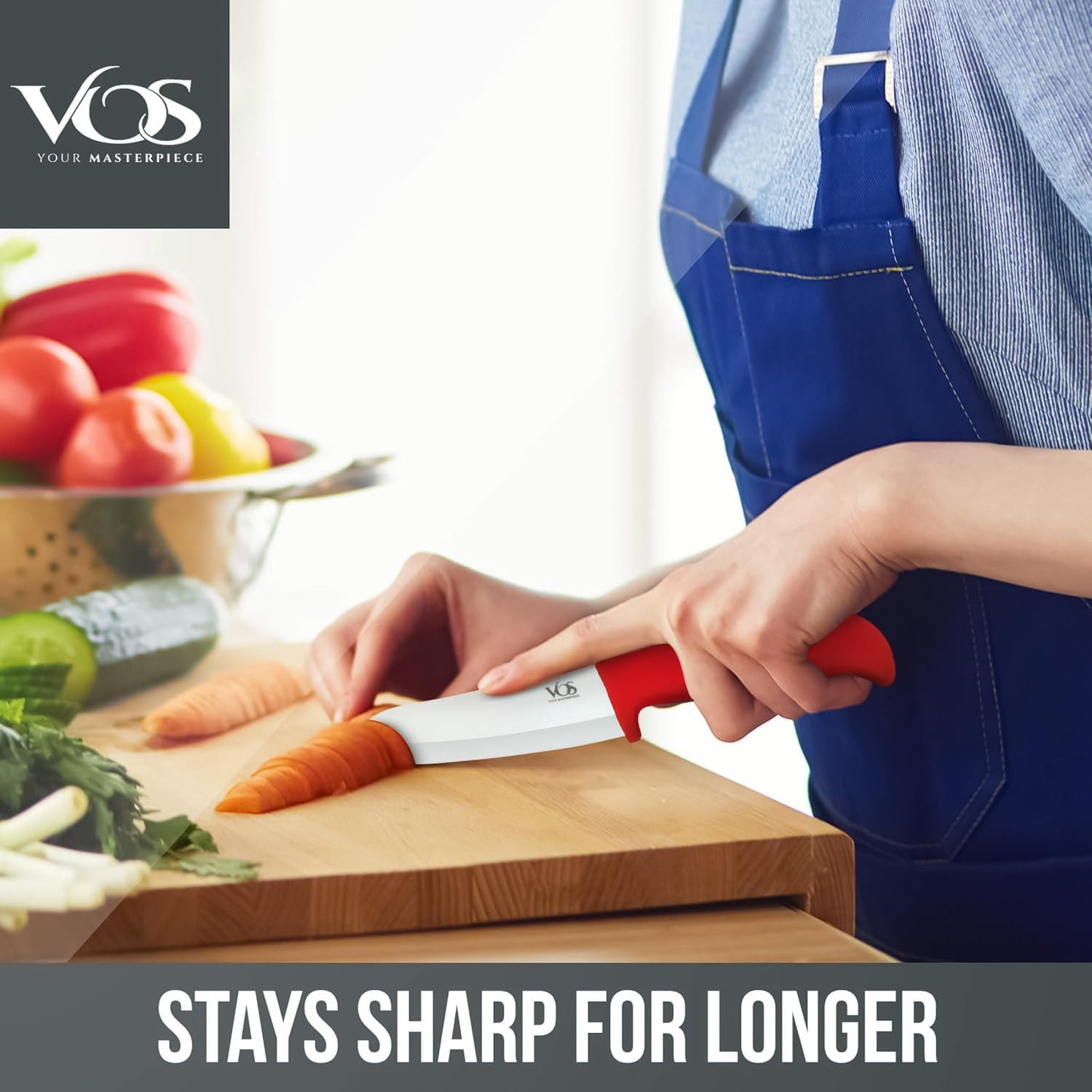 Vos Ceramic Knife Set with Peeler, Ceramic Knives Set For Kitchen, Ultra Sharp Kitchen Knife Set with Covers, 3" 4" 6" Paring, Utility & Chef Knife, Ultra Sharp, Lightweight, Dishwasher safe (Red)