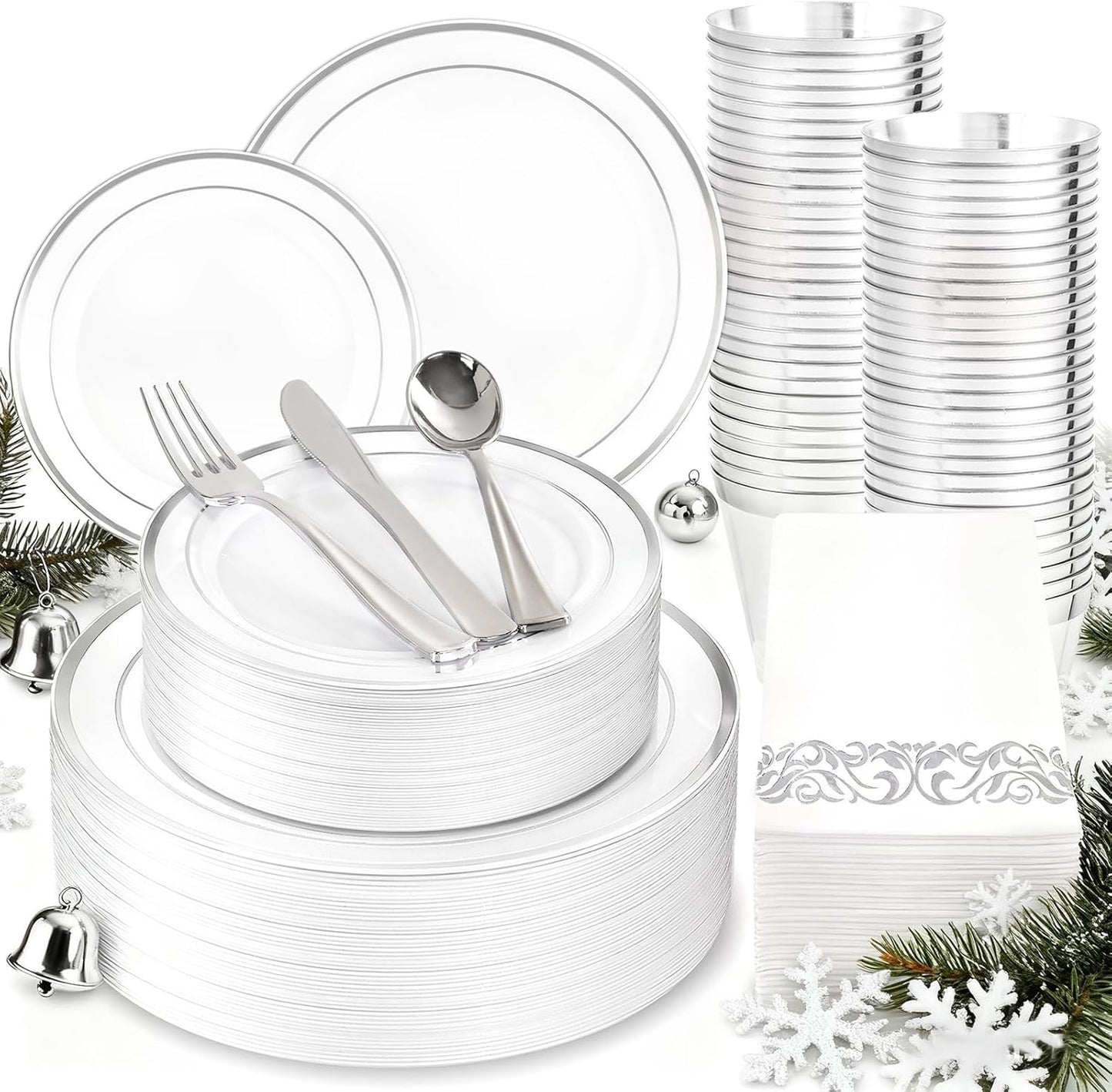 WDF 175PCS White and Silver Plastic Plates - Christmas Plastic Plates - 25Guests Silver Disposable Dinnerware Sets for Wedding/Birthday/Christmas