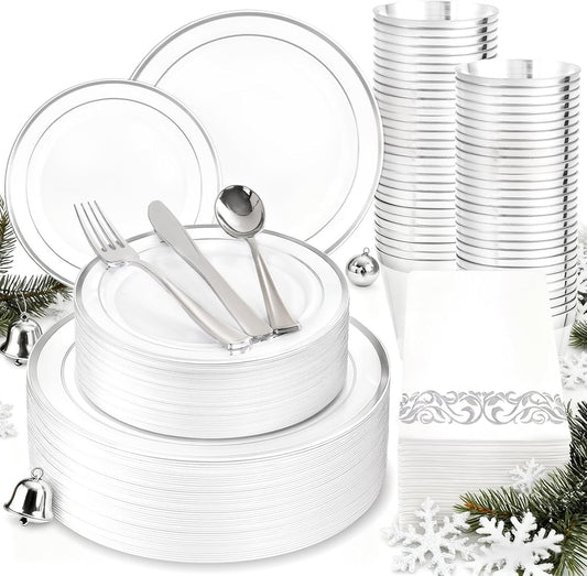 WDF 175PCS White and Silver Plastic Plates - Christmas Plastic Plates - 25Guests Silver Disposable Dinnerware Sets for Wedding/Birthday/Christmas