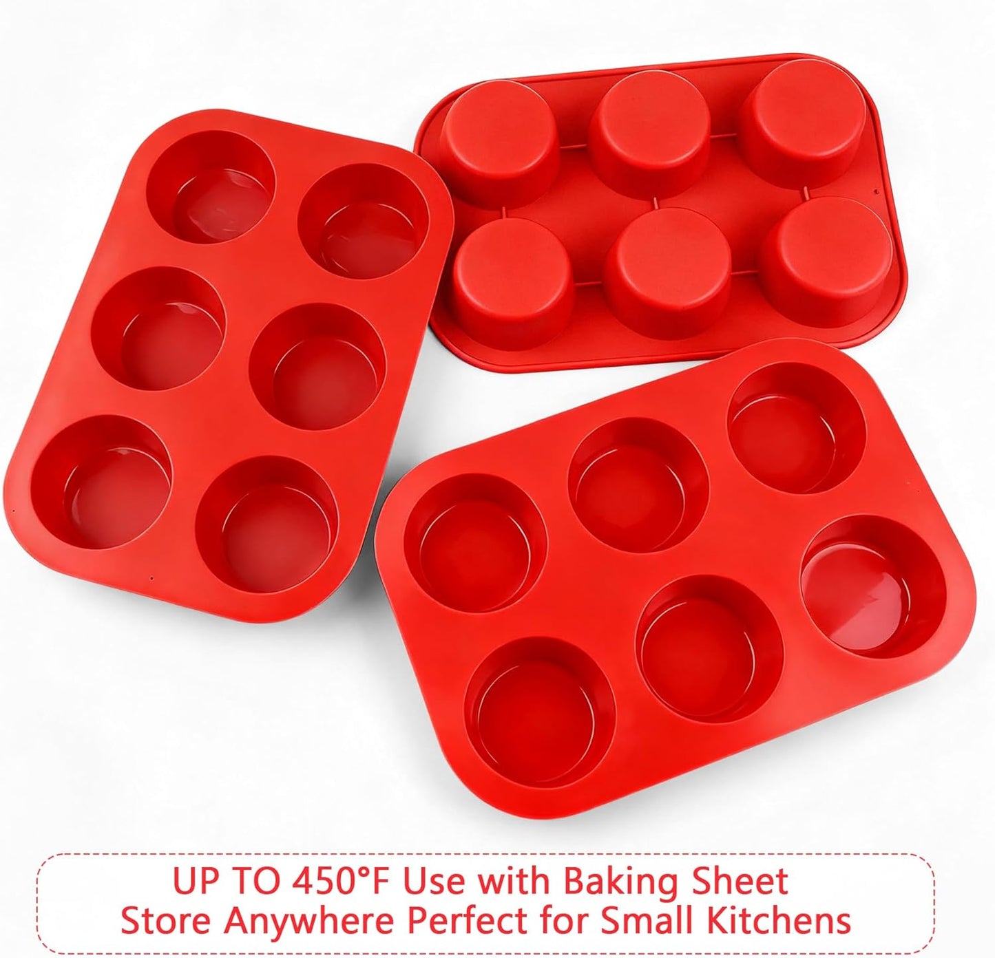 3-Pack 6-Cup Silicone Muffin Pans, Nonstick Cupcake Baking Molds, Muffin Cupcake Pans Molds for Baking, BPA/PFA-Free, Dishwasher & Oven Safe - Red