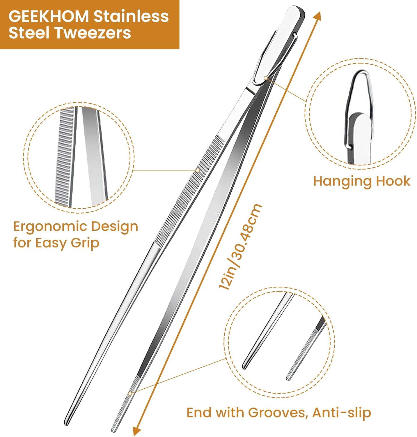 GEEKHOM 4 Pcs 12" Stainless Steel Tweezer Tongs, Silver Multi-Purpose Kitchen Tool Set for Professional Chefs, Home Cooks & Food Enthusiasts