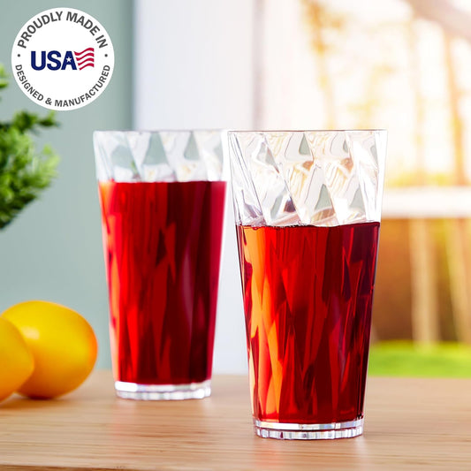 US Acrylic Optix Plastic Reusable Drinking Glasses (Set of 8) 26oz Iced-Tea Cups in Clear | BPA-Free Tumblers, Made in USA | Top-Rack Dishwasher Safe