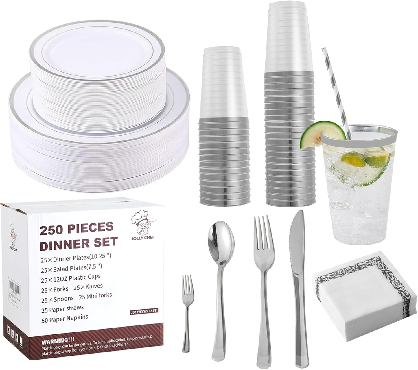 250 Count Silver Disposable Plastic Dinnerware Set, 50 Silver Plates, 25 Plastic Silverware, 25 Cups and Straws, 50 Napkins, Perfect for Wedding Party