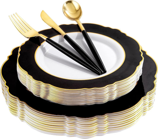 WDF 30Guest Black and Gold Plastic Plates - New Year Plates - Gold Plastic Silverware With Black Handle Baroque Black and Gold Disposable Dinnerware for Halloween & New Year &Parties