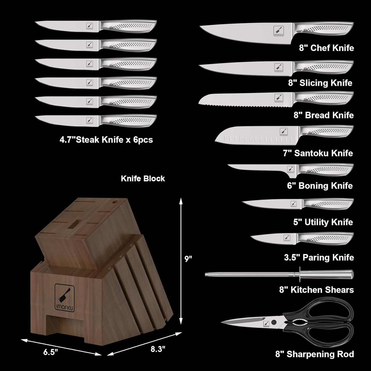 imarku Knife Set, 16PCS High Carbon Stainless Steel Kitchen Knife Sets with Block Ultra Sharp Knife Block Set, Japanese Knife Set with Dotted Non-slip Ergonomic Handle, Dark Brown, Best gifts