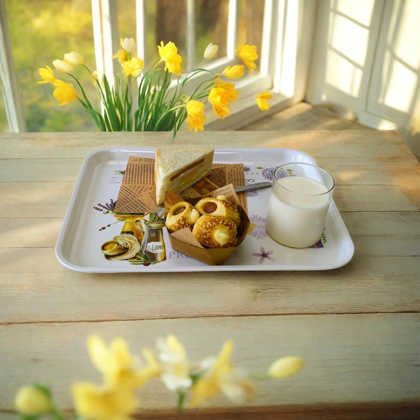 Large Serving Platter Melamine Trays 2 Pack Stackable Food Tray with Floral Print for Gift, Party, Decor, Home, Restaurant (Purple Lavender, Medium)