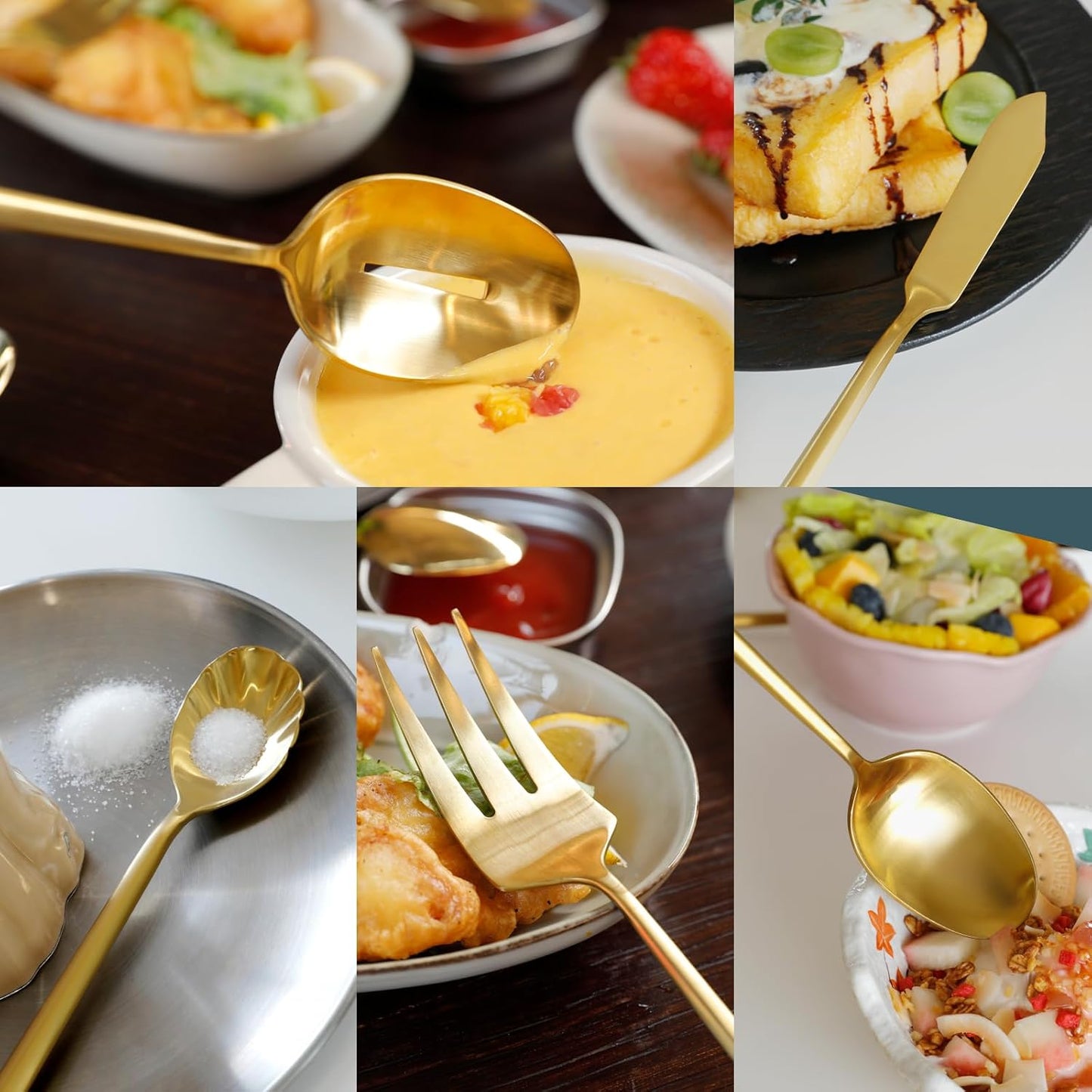 DEACORY Silverware Set with Serving Utensil Set Matte Gold Flatware Set Hand Forged Stainless Steel Cutlery Set 45 Pieces Matte Finished Hexagon Handle Service for 8, DE1004