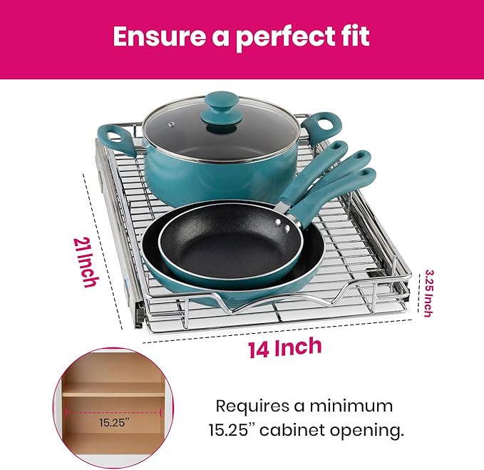 HOLDN’ STORAGE Pull Out Cabinet Organizer, Heavy Duty Caddy w/Lifetime Limited Warranty -14”W x 21”D - Requires At Least 15-1/4” Cabinet Opening, Steel Metal Cabinet Drawers Slide Out, Chrome