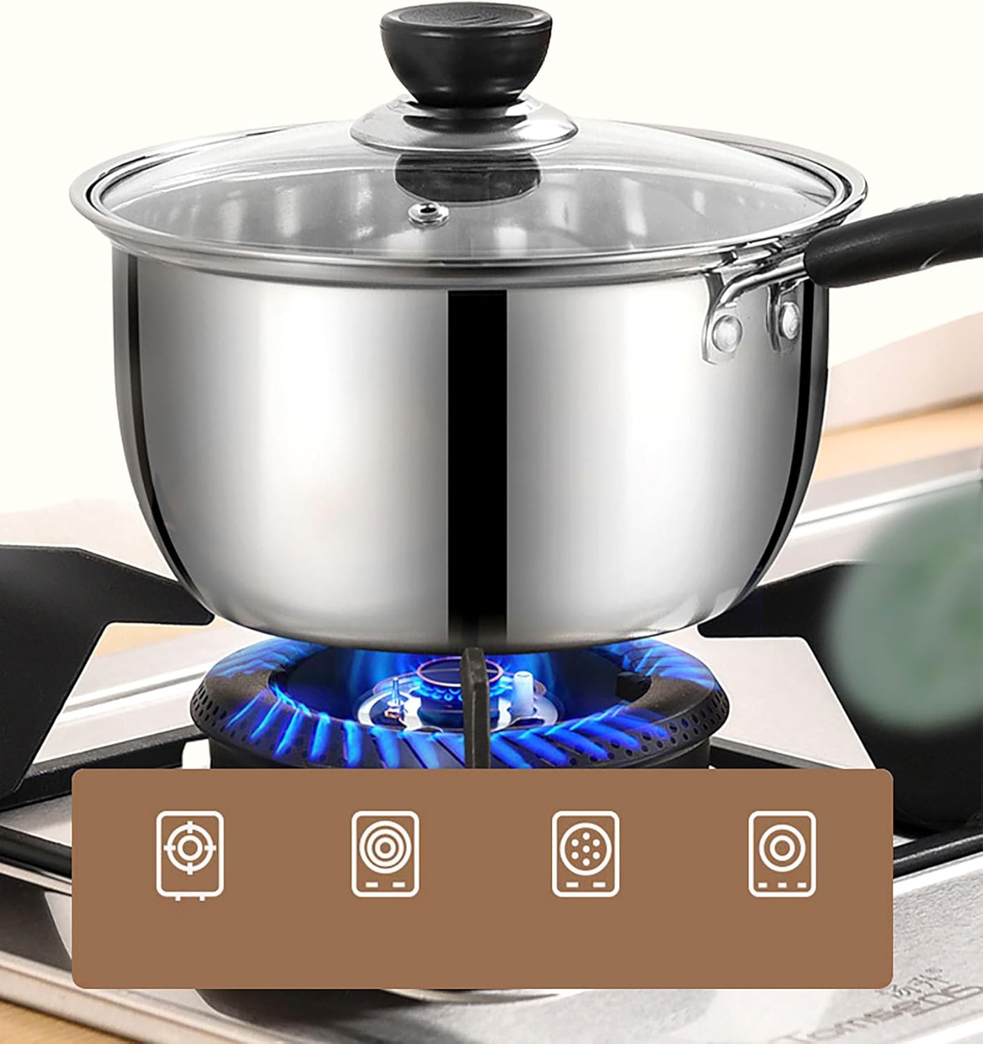 Stainless Steel Saucepan, 1.3 Quart Long Handle Milk Pot with Lid for Warming, Cooking and Boiling Milk, Spaghetti, Soup in Kitchen and Outdoor (18cm)