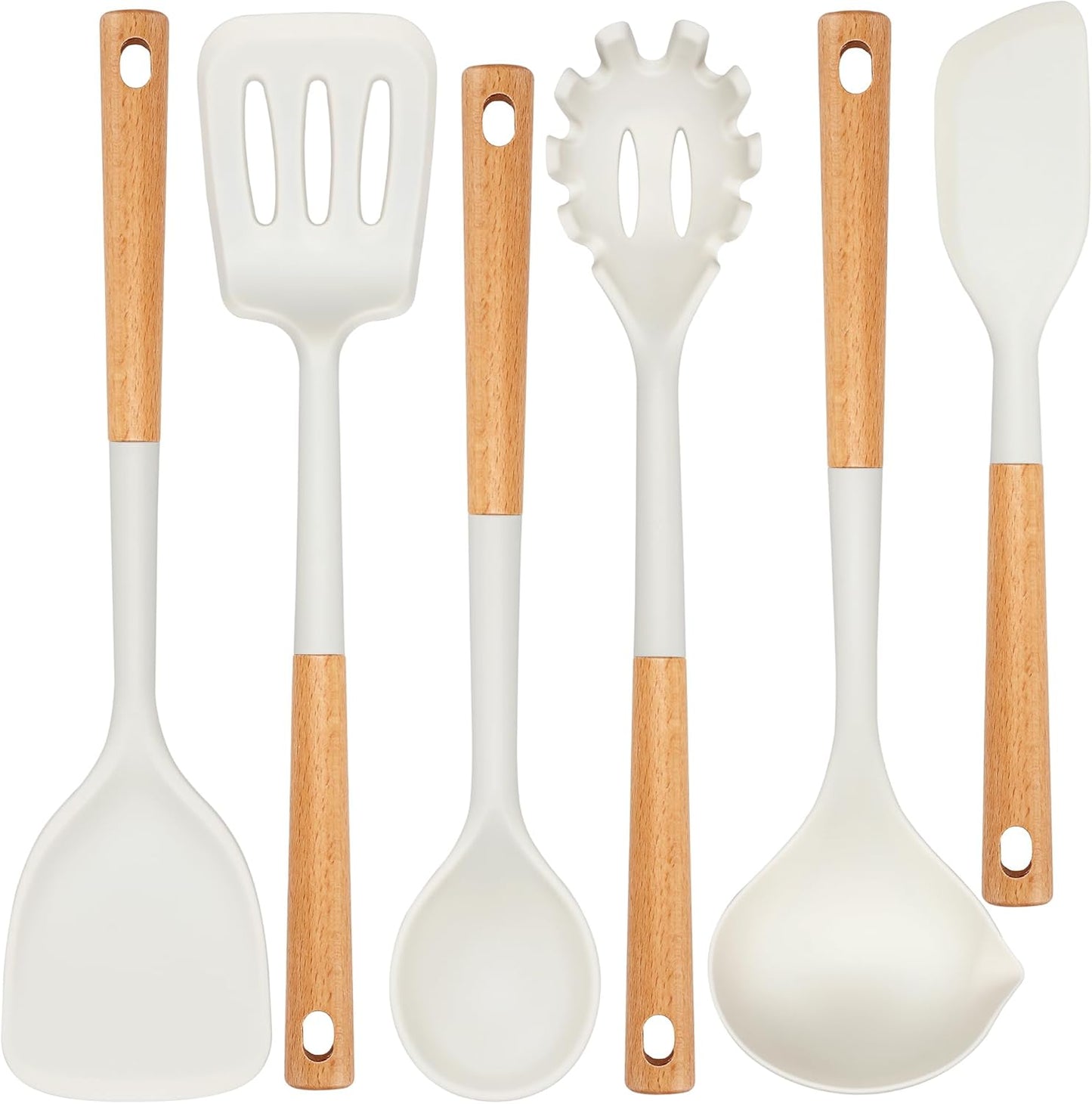 Kitchen Utensils Set, Large Non-stick Silicone cooking utensils set 6 Pcs, Wooden Handle Heat Resistance Silicone Spatula Soup Ladle Pasta Server Kitchen Gadgets Utensils Set BPA Free (White)