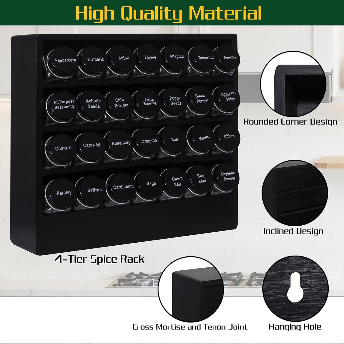 Bamboo Tiered Spice Rack Organizer for Cabinet,Wooden Seasoning Rack for Countertop, Cupboard, Pantry, Kitchen (Spice Jars Included)