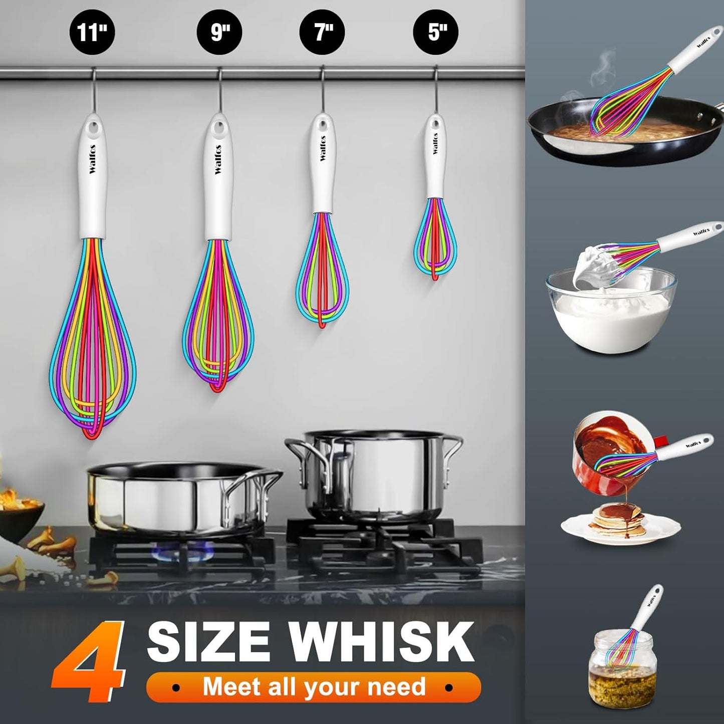 Walfos Whisk,5+7+9+11in Silicone Whisks for Cooking,Rainbow Wisk for Non-Stick Cookware,Balloon Egg Whisks Perfect for Blending,Baking,Beating,Minxing.BPA Safe and Dishwasher safe.Colorful 4pcs.
