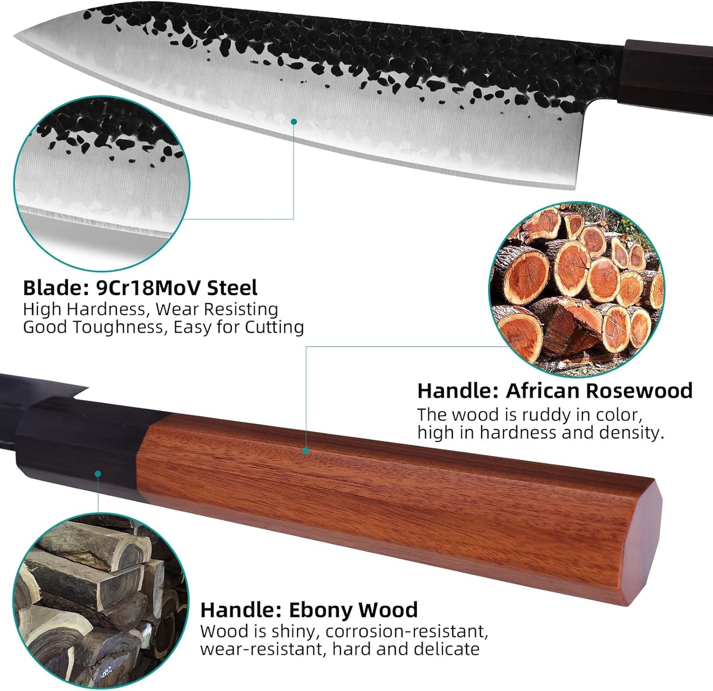 FINDKING Dynasty Series 4PCS Kitchen Knife Set, Professional Japanese Chef Knife Set, 9Cr18MoV High Carbon Steel Blade, African Rosewood Octagonal Handle, for Meat, Fruits, Vegetables