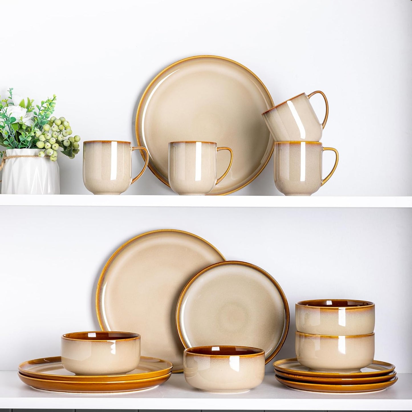 LERATIO Ceramic Dinnerware Sets for 4,16-PieceReactive Glaze Plates and Bowls Set with Mugs,Highly Chip and Crack Resistant | Dishwasher,Microwave & Oven Safe Dishes set-Kahki