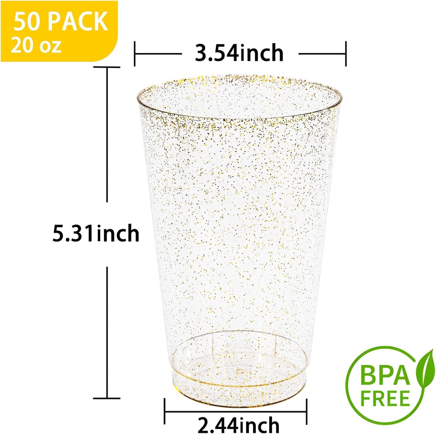 I00000 50 Pack 20 oz Gold Plastic Cups, Gold Glitter Cups Disposable Plastic Wine Glasses Cocktail Glasses Premium Cup, 20 Ounce Glitter Disposable Tumblers for Party & Wedding