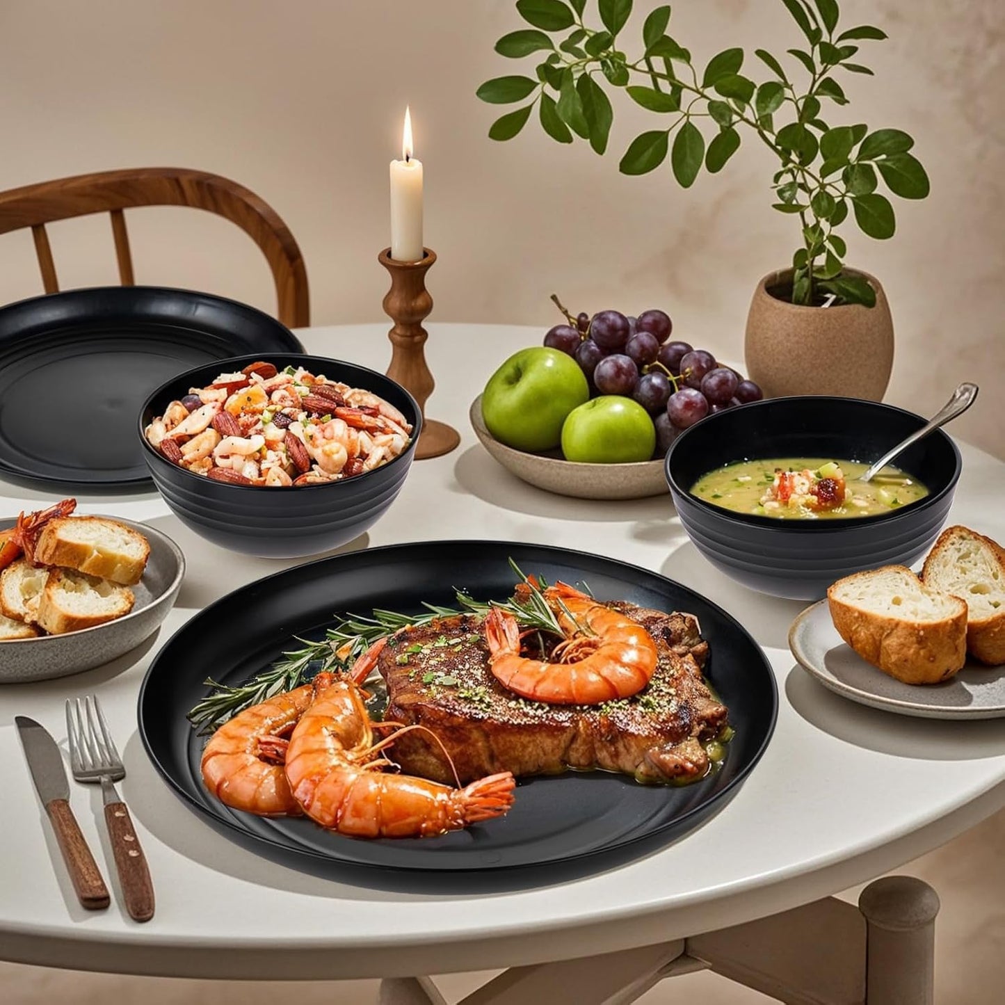 supernal 24pcs Wheat Straw Dinnerware,Unbreakable Dinner Plates Set,Microwave Dishwasher Safe,Black Reusable Plates for Picnic,Birthday,Camping