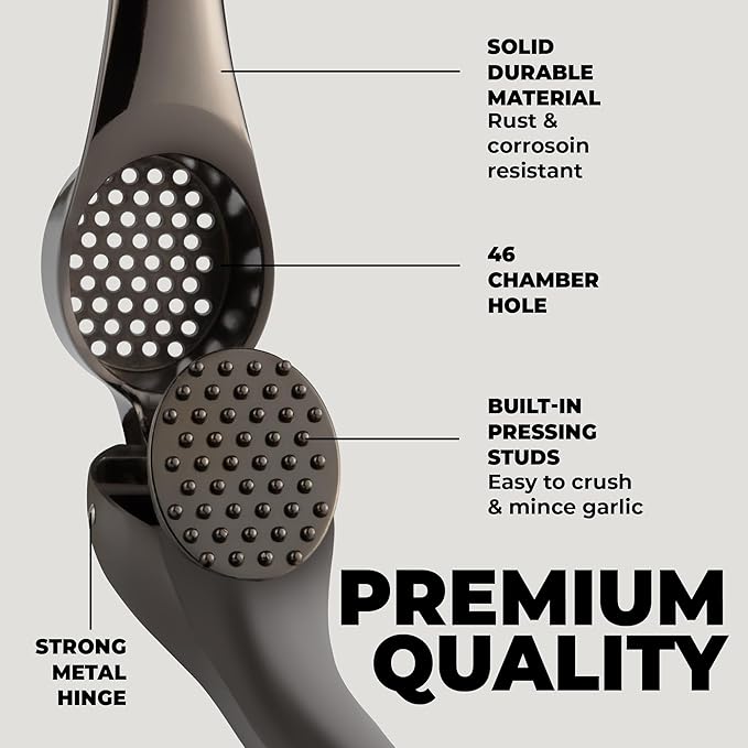 Zulay Kitchen Large Premium Garlic Press Set – Rust Proof & Dishwasher Safe, Bigger Bowl Garlic Mincer Tool with Silicone Garlic Peeler & Brush, Easy Squeeze & Clean, Ergonomic Handle - Dark Gray