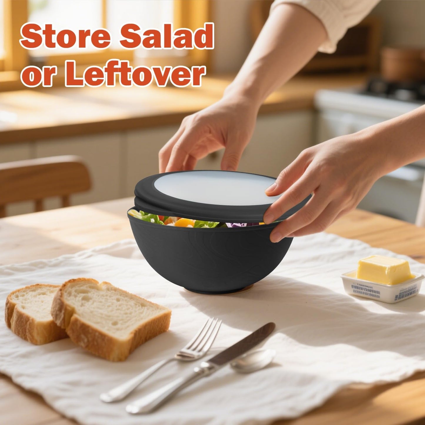 Wrova 40oz wheat straw bowls set of 4,unbreakable ramen bowl set with cover,alternative plastic bowls with cover for kitchen,party,camping and picnic. Black