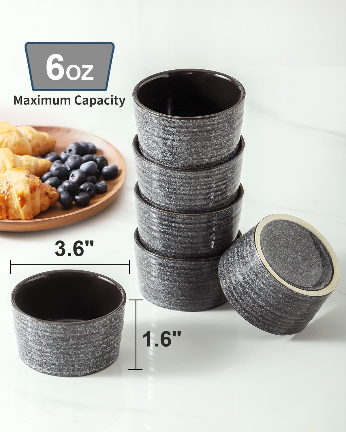 Hasense 6 oz Ramekins for Baking,Ceramic Souffle Dish Oven Safe Set of 6,Porcelain Dipping Sauce Bowls for Pudding, Creme Brulee, Souffle, Serving Dip, Custard, Ice Cream, Grey
