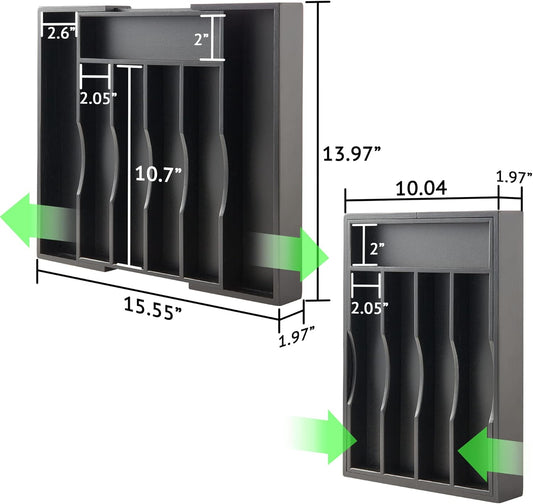 2-Piece Expandable Bamboo Kitchen Drawer Organizer for Cutlery and Utensils, Adjustable Bamboo Wood Cutlery Tray in Drawer for Flatware and Silverware in Kitchen, (Black)