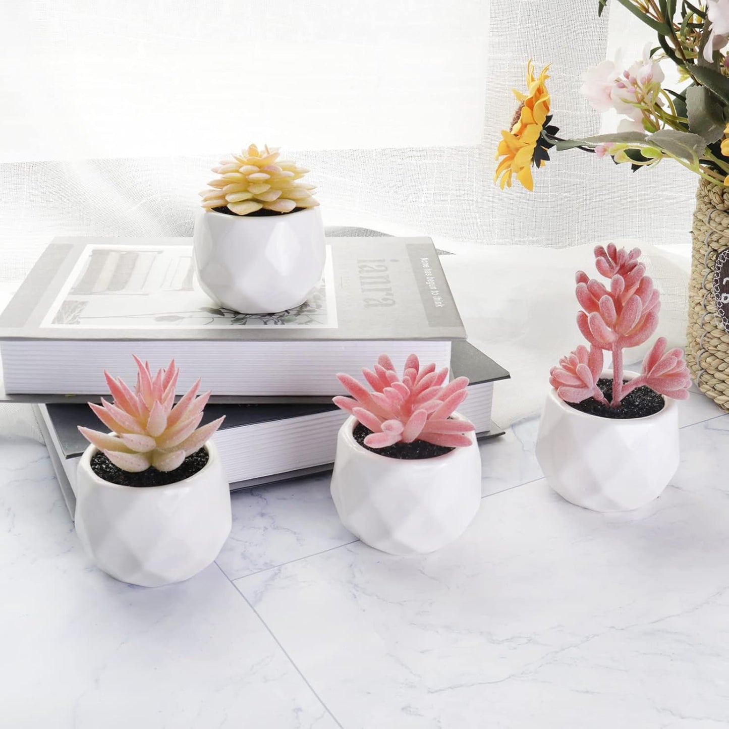 Tiita Artificial Faux Succulents in Pots, Pink Fake Plants Ceramic Arrangement Planter for Women Desk Small Mini Tiny Decoration for Home Office Desk Window 4 Set, Pink