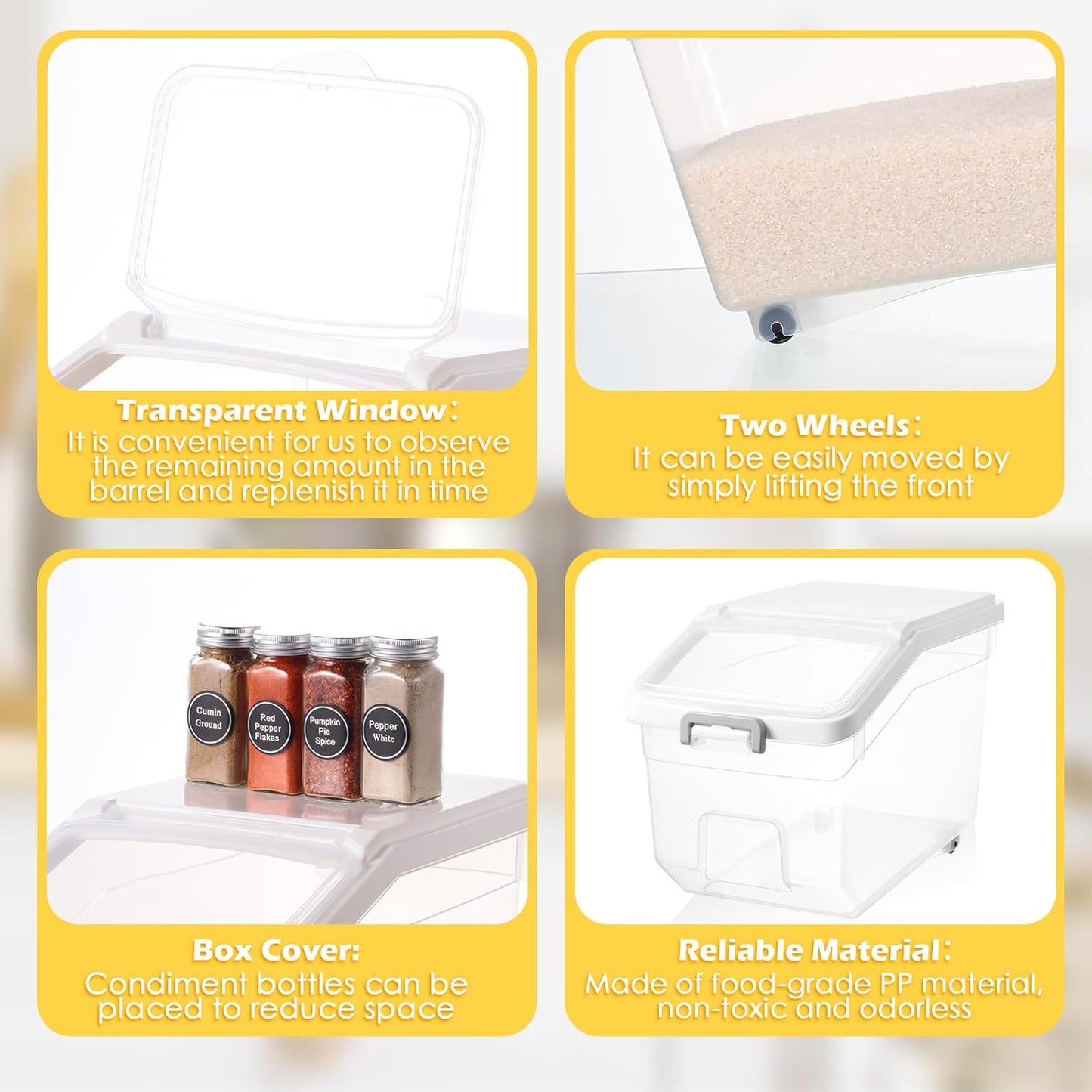 Sunnyray 4 Pcs Rice Storage Container 22 lb Airtight Flour Container with Wheels Measuring Cup Clear Pet Food Cube Dog Cat Birds Food Bin Grain Cereal Organizer Box for Dry Baking Supplies(White Lid)